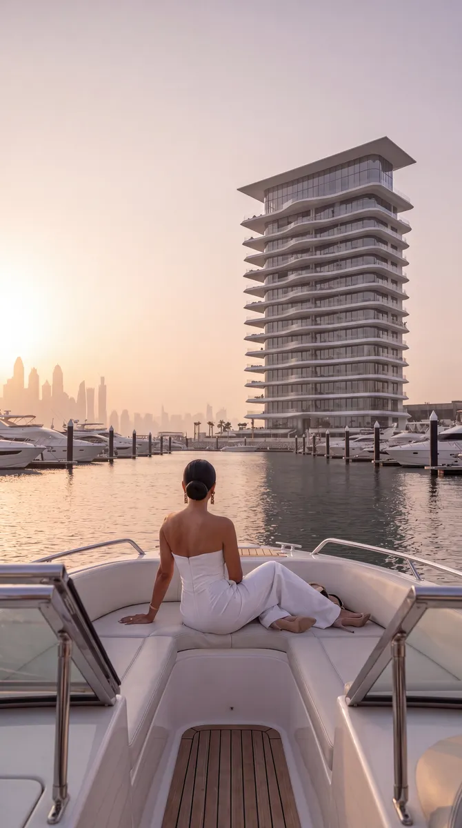 Samar Residences, a woman sitting on the bow, the tower behind her