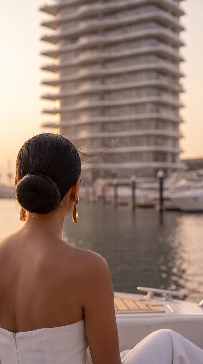 Samar Residences, close-up of her hair in a low bun, the tower out of focus