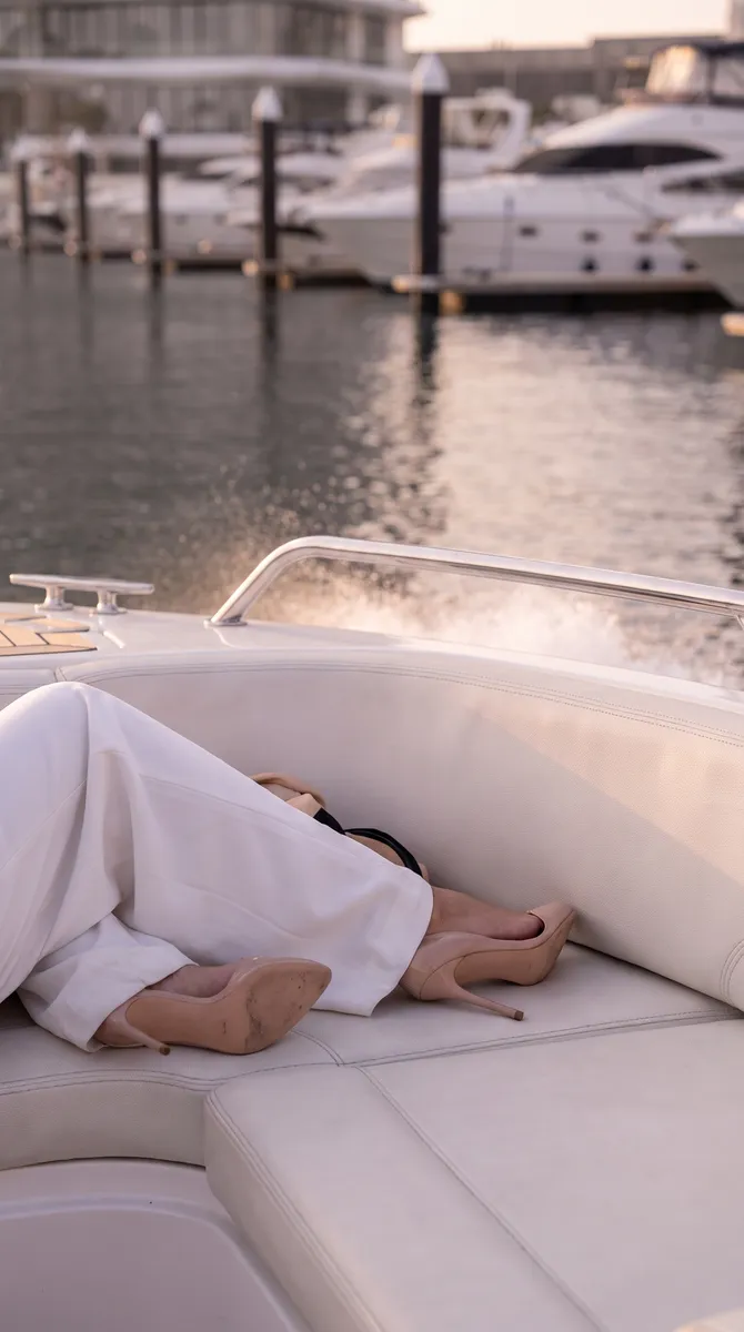 Samar Residences, her heels left on the white cushions of the boat