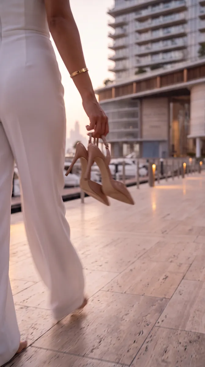 Samar Residences, her heels in hand along the travertine promenade