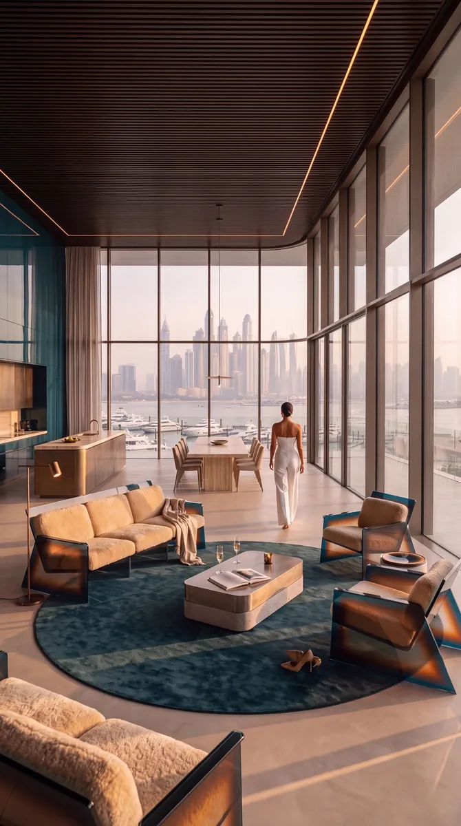 Samar Residences, the living room with full-height glazing over the marina