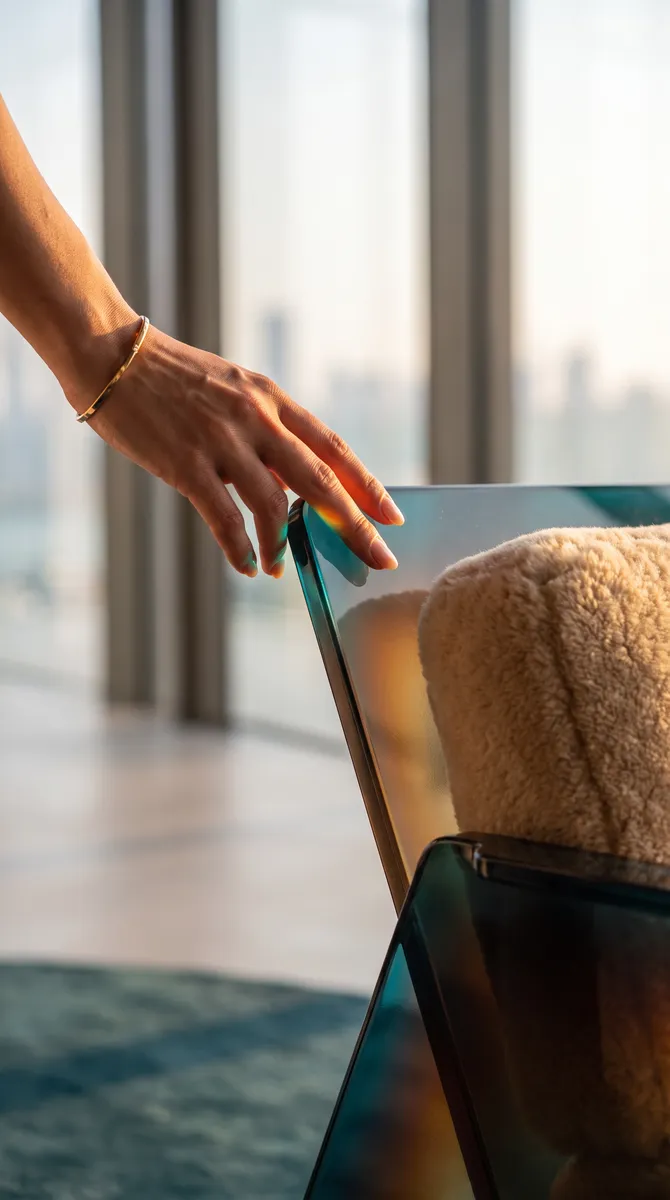 Samar Residences, her fingers on the glass, a bouclé chair in the foreground