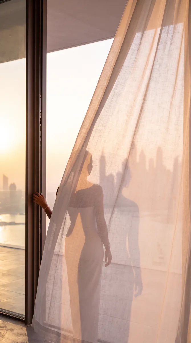 Samar Residences, the curtain backlit by the sun, her silhouette behind it