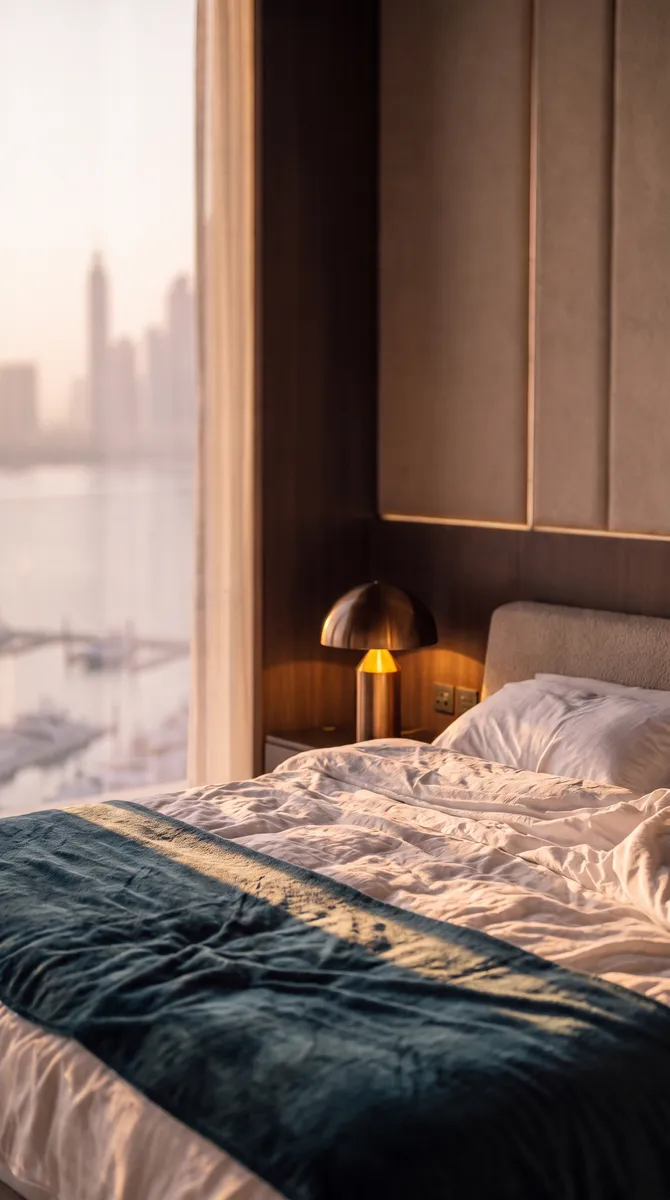 Samar Residences, the bed and the bedside lamp, the skyline through the window