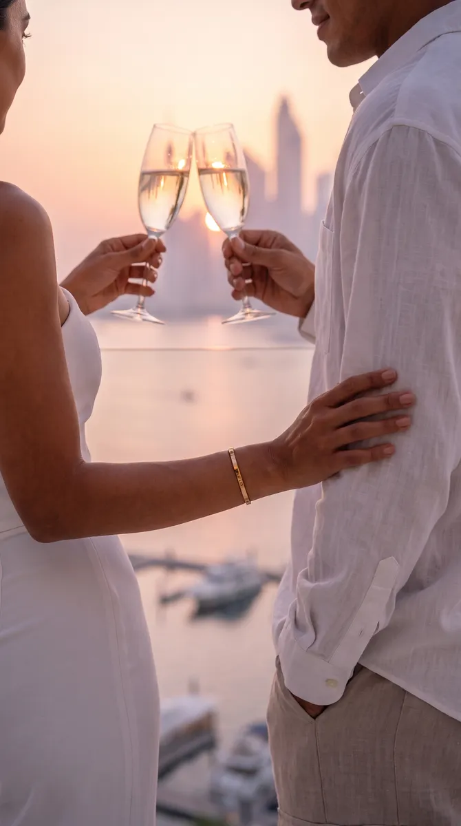 Samar Residences, close-up of the toast, her hand on his arm