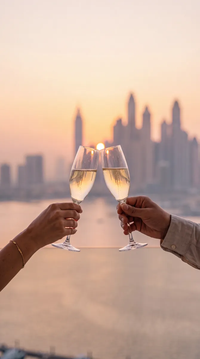 Samar Residences, two glasses meeting in front of the skyline