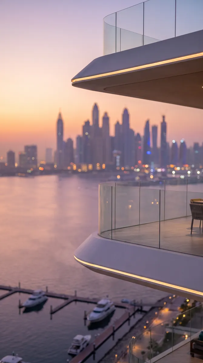 Samar Residences, the curved terrace edge at blue hour, the marina below