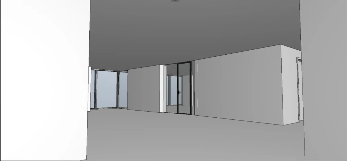 Grey 3D model of the business hall, as sent by the client