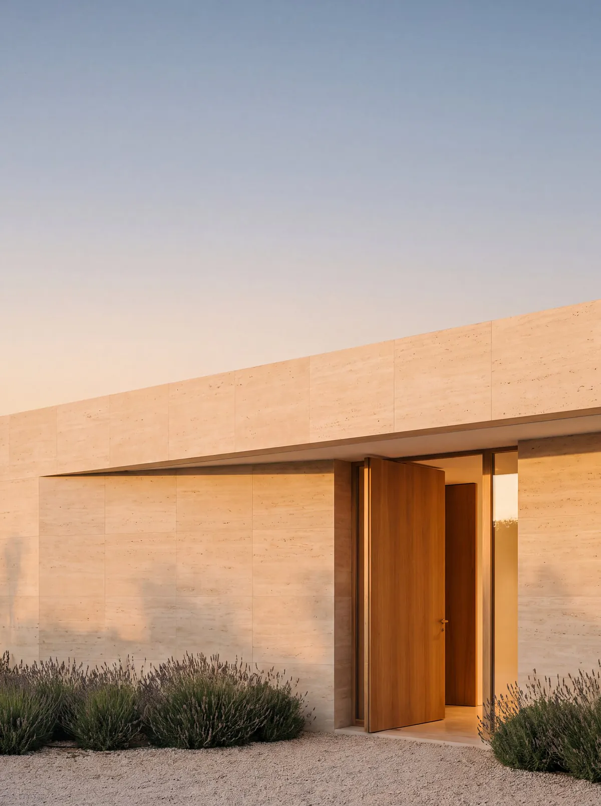 Travertine house with an open oak door among lavender, at sunset